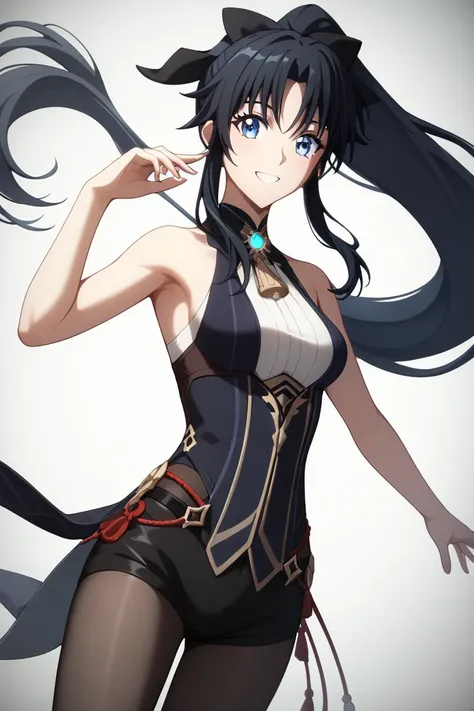 dutch angle, MASTER PIECE, HIGH QUALITY,  HD, 4K(((((Kamiya Kaoru wearing genshin impact suit, pantyhose, Kaoru Kamiya black hair))), (((sexy body))), ((((perfect girl anatomy)))), (((BLACK LONG HAIR, long ponytail hairstyle, hairbow, PERFECT EYES, medium ...