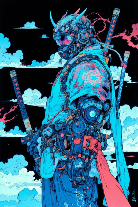   anime-style illustrations, Sci-fi Hi-Tech Wear Fused with Kimono,  and the devil wearing a sword and helmet ,The helmet warrior , Mobility , Neon Blue Lighting Effects , Gadget Details ,Demon SF Samurai, cyberpunk samurai,very beautiful  cyberpunk samura...