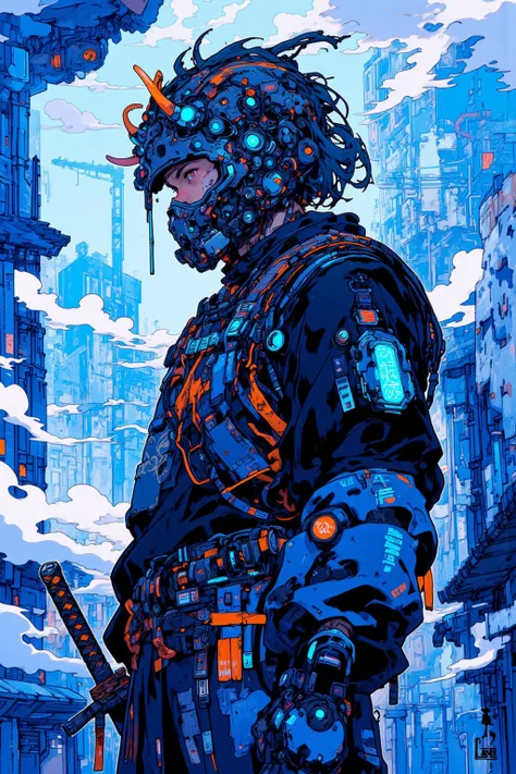   anime-style illustrations, Sci-fi Hi-Tech Wear Fused with Kimono,  and the devil wearing a sword and helmet ,The helmet warrior , Mobility , Neon Blue Lighting Effects , Gadget Details ,Demon SF Samurai, cyberpunk samurai,very beautiful  cyberpunk samura...