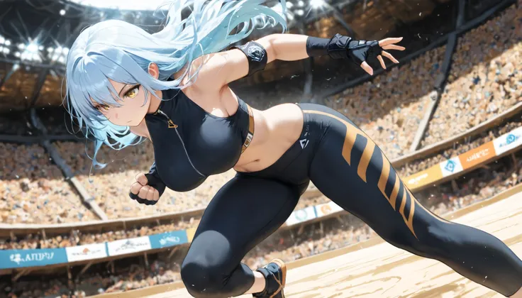 light blue hair, long hair, (expressionless), leggings, midriff, bare shoulder, fingerless gloves, masterpiece, best quality, amazing quality, detailed background, intricate details, solo, [large breasts], golden eyes, arena, fighting, armband