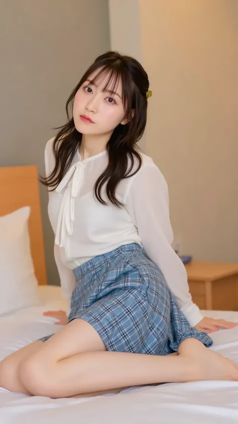   alone、natural body shape、  white skin、   natural cosmetics 、    black hair、bangs、    straight long hair  、、(expensive  、  barefoot、  white blouse、  blue plaid pleated skirt)、、(   reverse tortoiseshell  :1.3)、((    the upper body is wearing a uniform))、((...