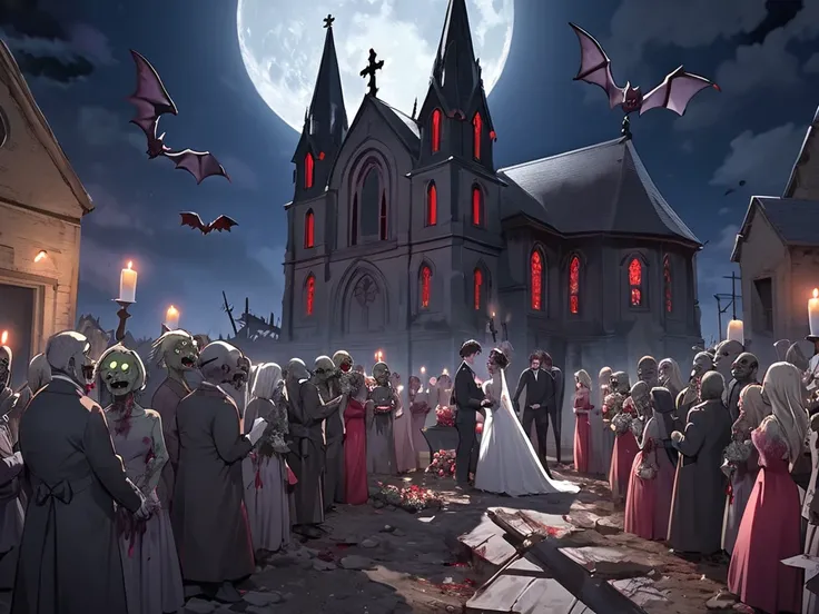 masterpiece, 4k, beautiful, A zombie made of mud puppets is holding a wedding ceremony in front of a dilapidated church. Above the church, the full moon turns suspiciously red. The guest zombies are also celebrating. flying bats, graves,