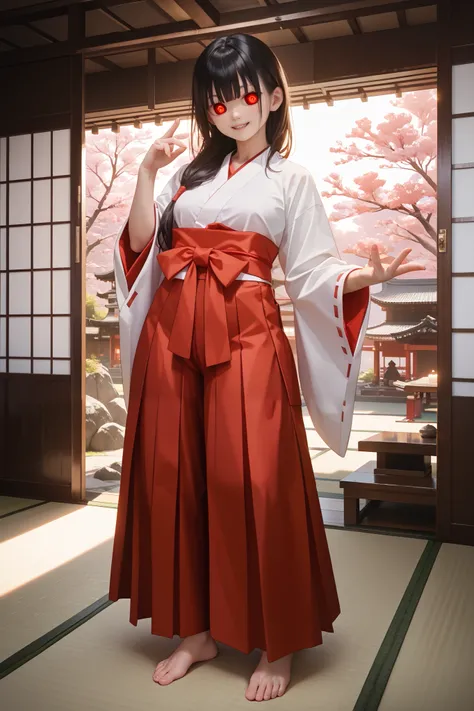 Japanese girl, Shrine maiden, jyojifuku, miko, red hakama, standing pose, barefoot, black hair, choppy bangs, low-tied long hair, detailed eyes, tatami, masterpiece, best quality, amazing quality, very aesthetic, absurdres, newest, super detailed, extremel...