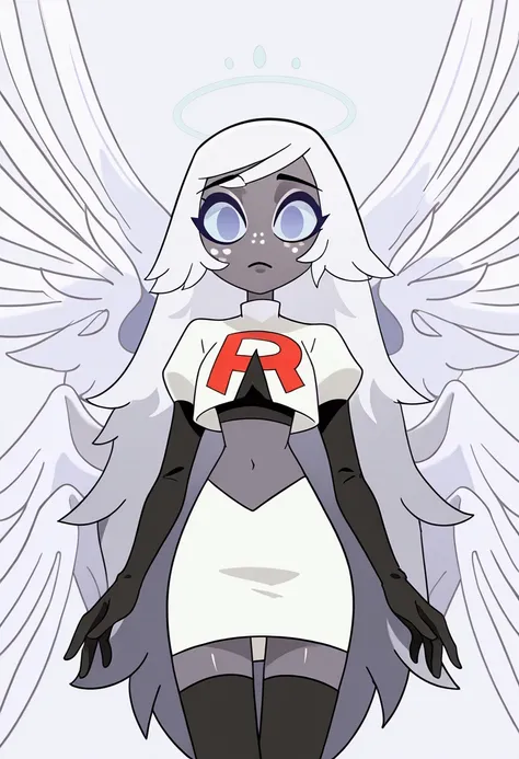 detailed, masterpiece, best quality,

1girl, solo, looking at viewer,
xemilyx, white hair, long hair, grey skin, freckles, blue eyes, no pupils, angel wings, halo, team rocket,team rocket uniform,white skirt,red letter R,crop top,black thigh-highs,black el...