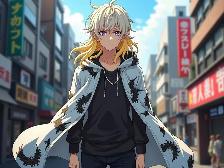 group oc male adolescent 16 ans menaçant sauvage aggresif l'anime tokyo revenger
cheveux blanc et blonds long form dragons cape blanche et noir
motif dragons 
sont dans les rue tokyo entraint de se promenez remplie de gens qui les applaudit.