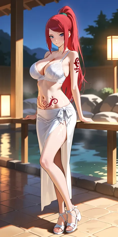 Masterpiece, elegant mature woman, kushina uzumaki, high ponytail long hair, red color hair, tall body, white bra, white chiffon skirt, stomachs (on the stomach there is a tattoo, tribal circle tattoo in the middle of stomach), white strappy sandals, full ...