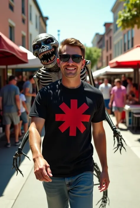 "A man with dark sunglasses and a black Red Hot Chili Peppers t-shirt is walking confidently on a sunny street, smiling at the camera. Behind him, a terrifying creature with a skeletal black-and-white body, a monstrous grin with sharp teeth, and dark, holl...