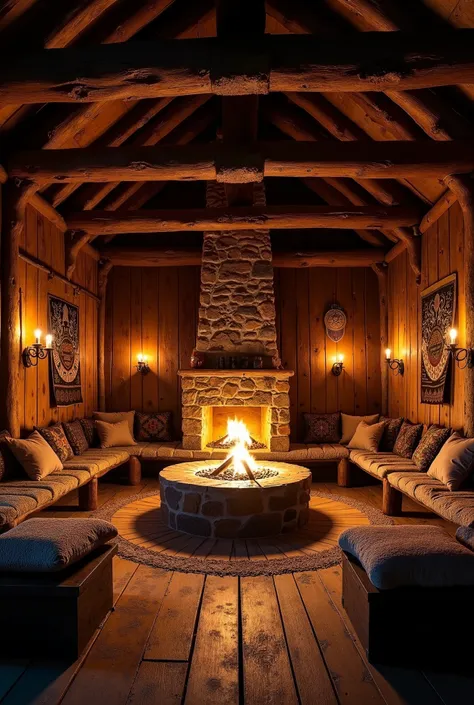 A warm, medieval Viking-style interior with a stone hearth in the center of a wooden cabin. The room is dimly lit by firelight and candles, casting a cozy glow across the rustic wooden beams and floors. The walls are adorned with furs, tapestries, and Viki...