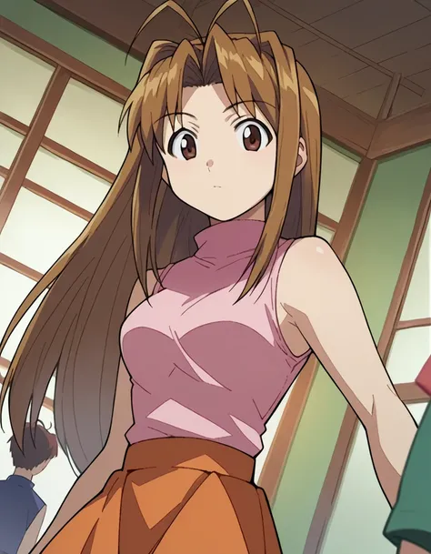 score_9, score_8_up, score_7_up, source_anime,
narunarusegawa, naru narusegawa, long hair, brown hair, antenna hair, brown eyes,
skirt, sleeveless, miniskirt, turtleneck, sleeveless turtleneck,
indoors,
looking at viewer, dutch angle, cowboy shot,