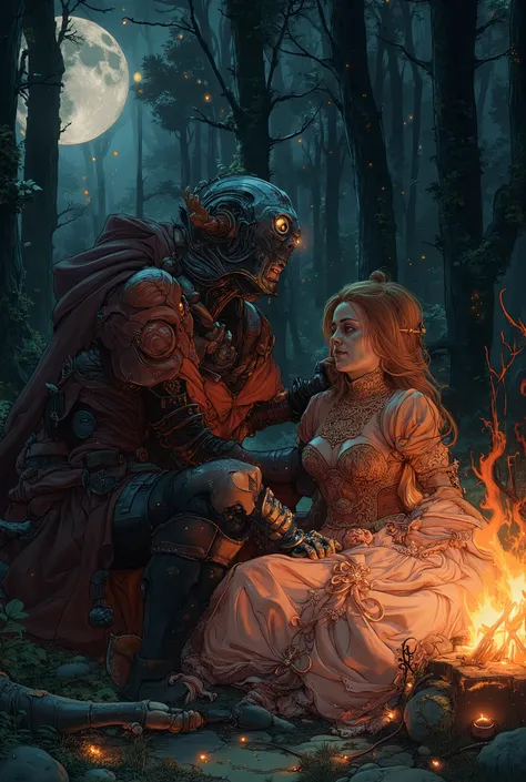  an old knight in worn red and black armor, the knight looks at the moon in the dark, there are stars in the sky, in an old forest, the knight is sitting next to a burning fire, the picture shows the knight from behind and the fire in front of him, a princ...