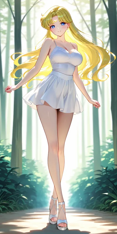 Masterpiece, elegant mature woman, solo, standing, usagi tsukino, smiling, long hair, yellow hair color, tall body, white camisole, white platted mini skirt, full body, white strappy sandals, dynamic lighting, ultra detailed, highres, absurdres, deep fores...