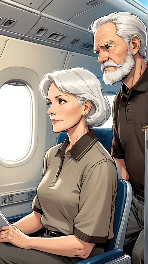 A 60 year old white woman with short white hair, brown polo shirt, and grey pants is sitting next to a 60 year old man with white hair and a white beard, black polo shirt, and grey pants inside an airplane seen in profile in comic style.