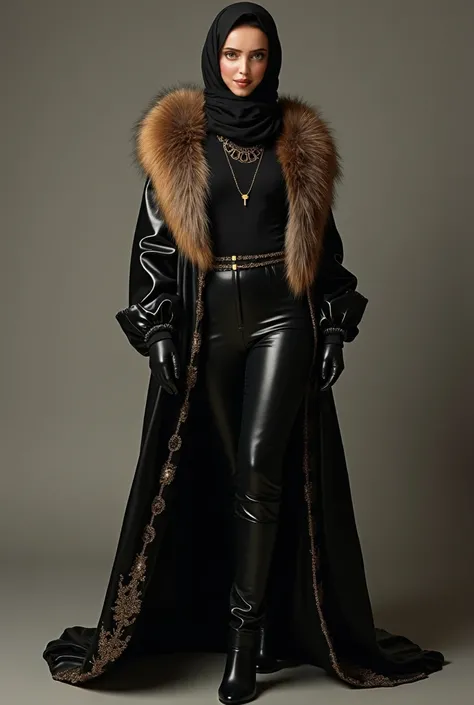 A beautiful woman wears a stylish turtleneck paired with sleek, tight latex pants. Over the turtleneck, she drapes a long, elegantly gold-designed, open Kloosh black latex abaya adorned with stone embellishments. A luxurious woolen fur scarf is wrapped aro...