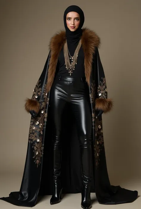 A beautiful woman wears a stylish turtleneck paired with sleek, tight latex pants. Over the turtleneck, she drapes a long, elegantly gold-designed, open Kloosh black latex abaya adorned with stone embellishments. A luxurious woolen fur scarf is wrapped aro...