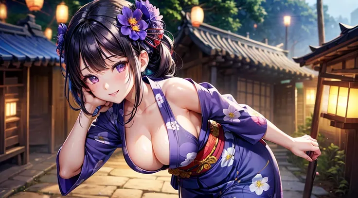 1girl, village, trees, house, fantasy landscape, red strait hair, twintail, large full breasts, purple eyes, ((blue flower pattern yukata)), ((cleavage)), smile, looking at the viewer, standing, walking, perfect quality, clear focus (clutter-home: 0.8), (m...