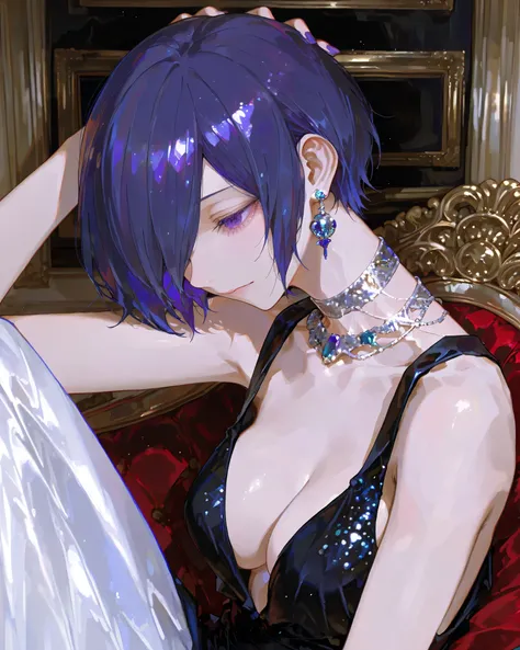 Kirishima touka, Tokyo ghoul, anime girl, Beautiful face, beautiful skin, blue-purple hair, Short hair, Tuka Kirishima hairstyle, covering her hair on the left side of her face, blue-purple eye , Beautiful body, a decorated black dress, containing beautifu...