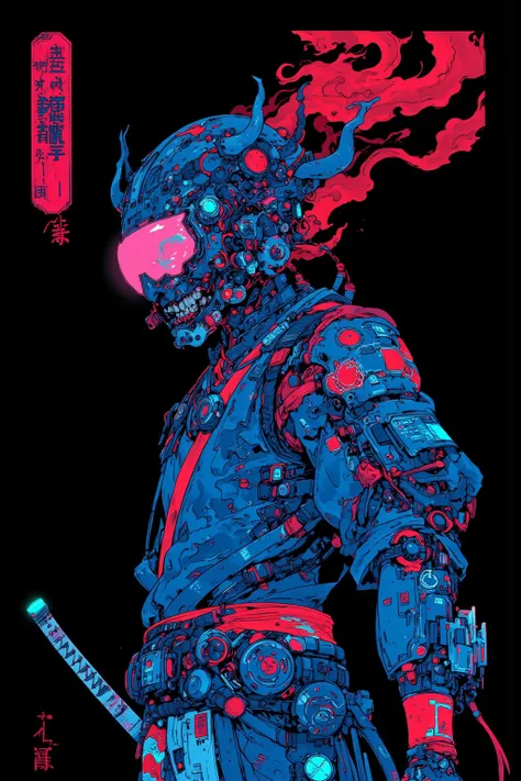   anime-style illustrations, Sci-fi Hi-Tech Wear Fused with Kimono,  and the devil wearing a sword and helmet ,The mouth is sewn with something like thread,The helmet warrior , Mobility ,Apply neon blue lighting effects from behind,, Gadget Details ,Demon ...