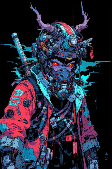   anime-style illustrations, Sci-fi Hi-Tech Wear Fused with Kimono,  and the devil wearing a sword and helmet ,The mouth is sewn with something like thread,The helmet warrior , Mobility ,Apply neon blue lighting effects from behind,, Gadget Details ,Demon ...