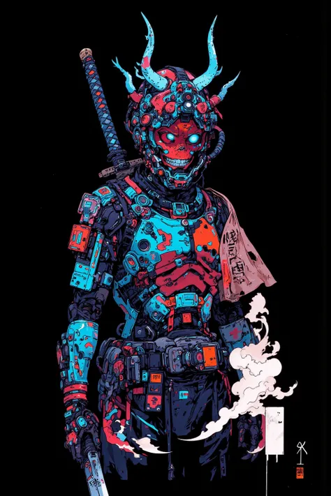   anime-style illustrations, Sci-fi Hi-Tech Wear Fused with Kimono,  and the devil wearing a sword and helmet ,The mouth is sewn with something like thread,The helmet warrior , Mobility ,Apply neon blue lighting effects from behind,, Gadget Details ,Demon ...