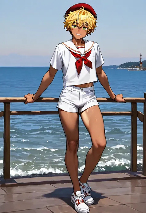 1boy, , dark copper tan skin, solo, yellow hair, very short messy hair, beret, white sailor uniform, short pants, green eyes, Western-style American town, port, ocean, standing on the street, smile, masterpiece, best quality, cinematic lighting, deck shoes...