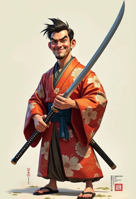 Realistic caricature of a man wearing a kimono, holding a samurai