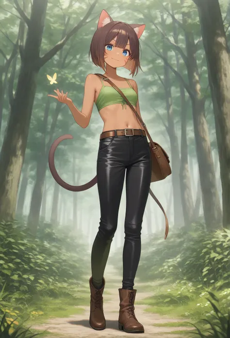  very awa, masterpiece, best quality, newest,  highres, absurdres、Fantasy World、 There is only one 、Cat girl、 brown skin、 three red patterns on the cheeks、 small breasts、 slender body、 thin legs、 slightly long neck 、 shiny reddish brown hair 、 short bob、 b...