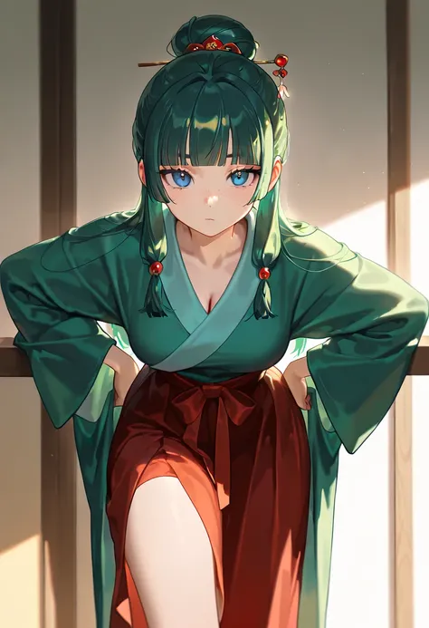 masterpiece, 1girl, maomao, long hair, bangs, blue eyes, hair ornament, green hair, blunt bangs, freckles, hair bun, single hair bun,japanese clothes, robe, green robe, long sleeves, wide sleeves, skirt, red skirt, looking at viewer, sexy, up close
