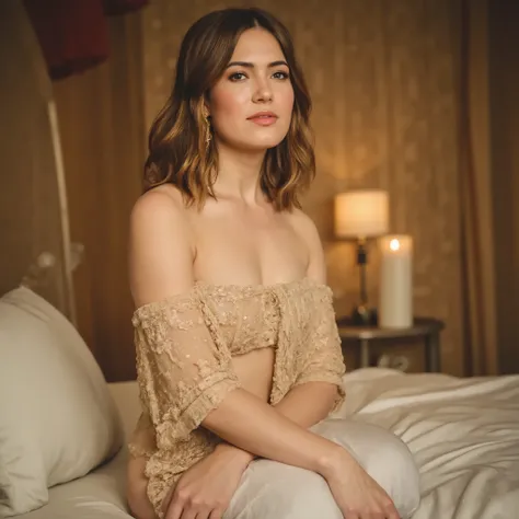 best quality, highres, 8k, masterpiece, photography, detailed midbody photorealistic portrait. Mandy Moore lounges against a sea of ivory silk cushions, her golden waves cascading over her shoulder. She wears an ivory lace balconette bra, a matching satin ...