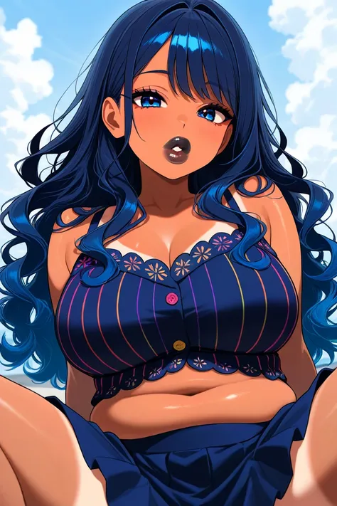 Beautiful plump girl.  tanned.  Dark blue hair. long wavy hair . Dark blue eyes.  big lips. Dressed in colorful casual clothes. 