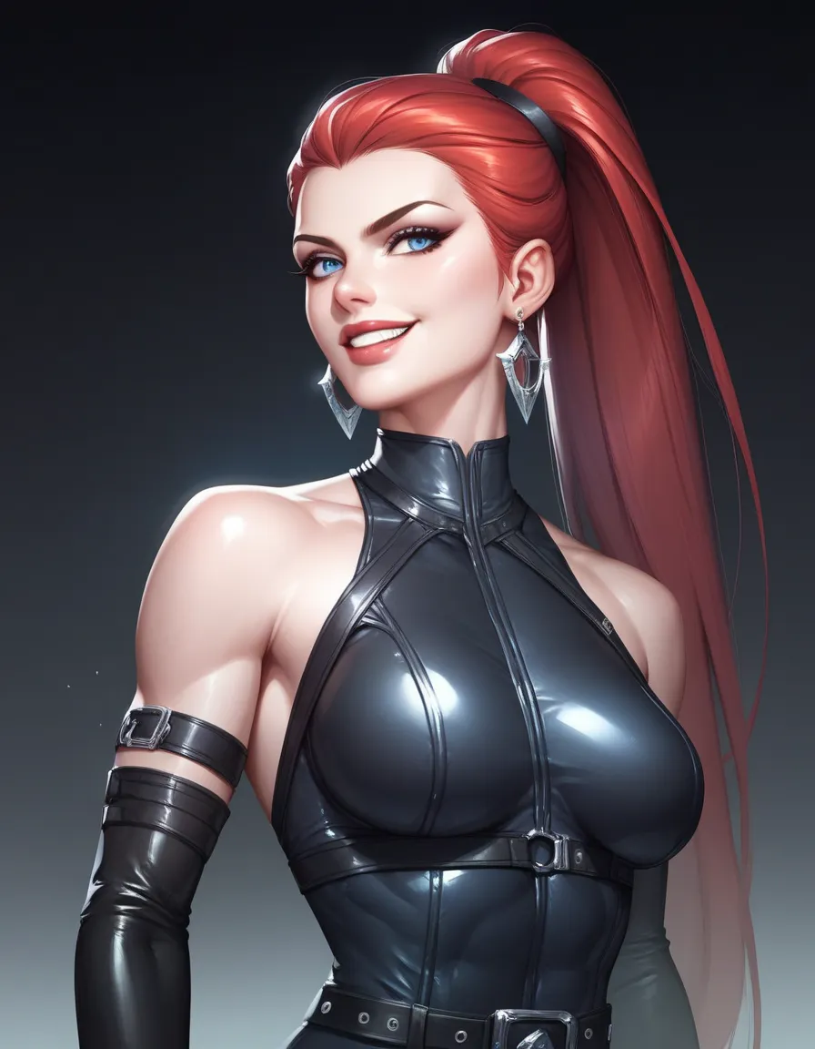 female black sleveless latex bodysuit with belt, black belt, racerback, bare shoulders, long gloves, toned arms, beautiful faces, red ponytail with showing forehead, long ponytail, earrings, soft smooth skin, pale skin, black background, blue eyes, sci-fi,...