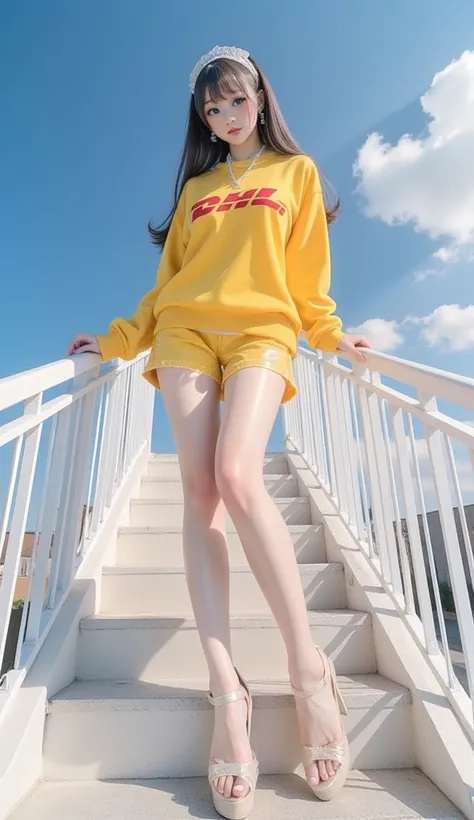 Real photography, high quality, masterpiece, a girl, wearing DHL, DHL skirt, high ponytail highheels, standing on a staircase, white steel frame handrail, the background is clean blue sky, low angle view Shooting angle, professional composition, natural li...