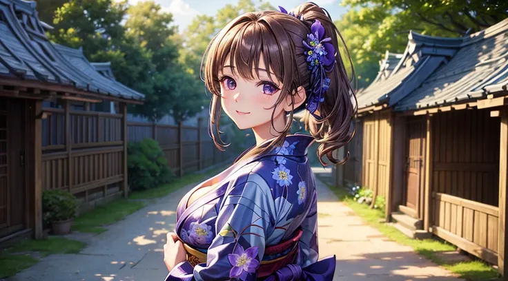 1girl, village, trees, house, fantasy landscape, light brown hair, ponytail, large full breasts, purple eyes, ((blue flower pattern yukata)), ((cleavage)), smile, looking at the viewer, standing, walking, perfect quality, clear focus (clutter-home: 0.8), (...