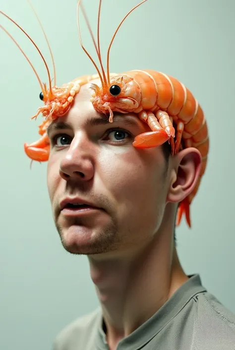 put his face into a shrimps head 