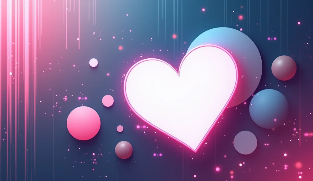 The image shows a large white heart with a pink outline in the center, surrounded by variously sized circles in shades of pink, blue, and gray. The background is a gradient of dark blue with light effects and vertical lines, giving it a vibrant and dynamic...