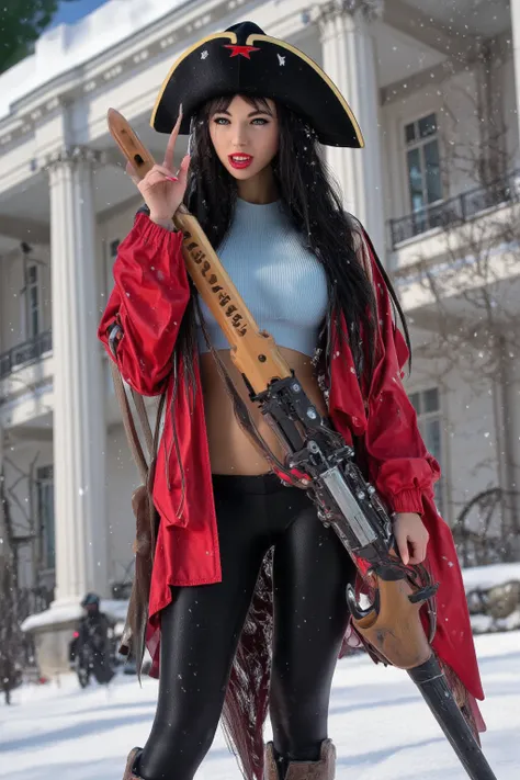 a cute woman as an American revolutionary war soldier (sexy uniform, tight yoga pants leggings labia well defined, uniform top open no bra) she has her 1700s rifle leveled at viewer, the White house is behind her, "FUCK U.S. A.I.D.' is written clearly acro...