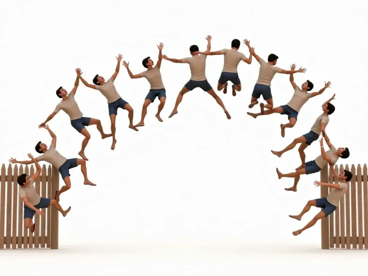  high quality ,  8k Ultra HD , 1920 by 1080 resolution. on a white background, there are a lot of people jumping over the fence, they jump over the shape of an arch. View from the side of the fence.