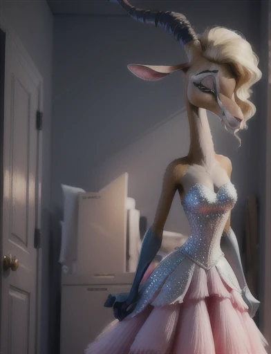 Zootopia Gazelle, wearing stunning silver gown, sparkling white dress, holder fur, standing, her blonde hair with pink hue, 4k, RAW, hyper real 