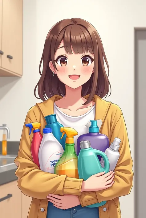  a mother  , embracing household products , anime , brown-haired woman , Modern woman , happy