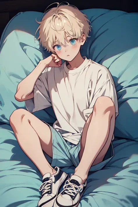 gold-haired boy,  Light Blue Shirt,  short shorts ,  matted hair in sleep, (eye:1.5), 파란eye,  alone,  full body,  smooth legs, 니삭스to lock the button on he's shirt,  black shoes,  boy 