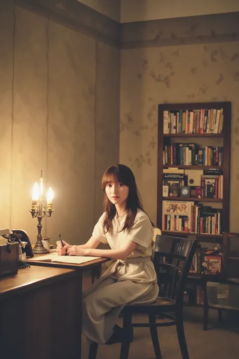   a female scientist from a bygone area is sitting at her desk studying , Along with candlelight  , In the middle of the night, think deeply about something,  Room full of books   📚,  high quality, professional 