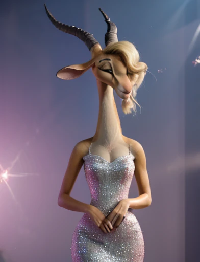 Zootopia Gazelle, wearing stunning silver gown, sparkling white dress, holder fur, standing, her blonde hair with pink hue, 4k, RAW, real 