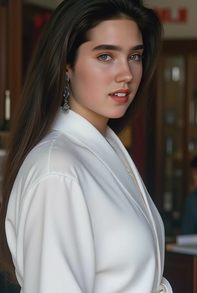  Masterpiece,    top quality,  cinematic lighting , 8k,   Wide-angle photography   ,   side view,  17-year-old Jennifer Connelly wearing a Japanese translucent white kimono ,  in a sunny atelier ,  Her tall, well-balanced, slender body and pretty face have...