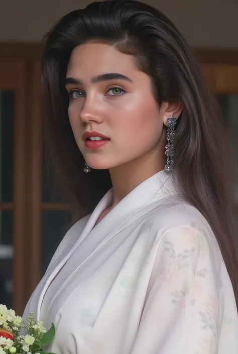  Masterpiece,    top quality,  cinematic lighting , 8k,   Wide-angle photography   ,   side view,  17-year-old Jennifer Connelly wearing a Japanese translucent white kimono ,  in a sunny atelier ,  Her tall, well-balanced, slender body and pretty face have...