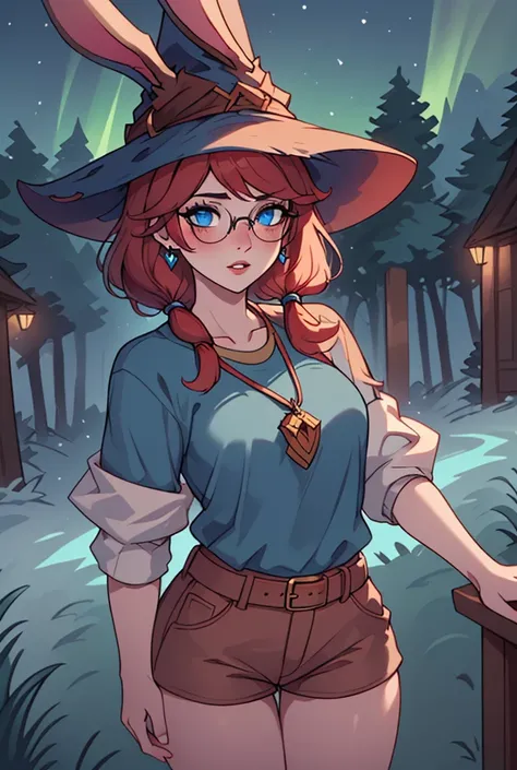 Aurora from league of legends, blue eyes, bunny ears, red hair, freckles, round glasses,wearing a casual outfit, shorts and a cute t-shirt, modern outfit, brown belt, earrings, long eyelashes,  pretty face, witch hat, standing in a park at night, highly de...