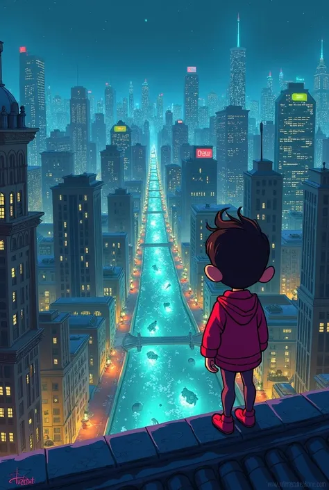  a character of your choice standing on a rooftop at night, with a city stretching under them, the lights of buildings reflecting on water on the streets below with a cartoonish style but its medieval building and ambiance 