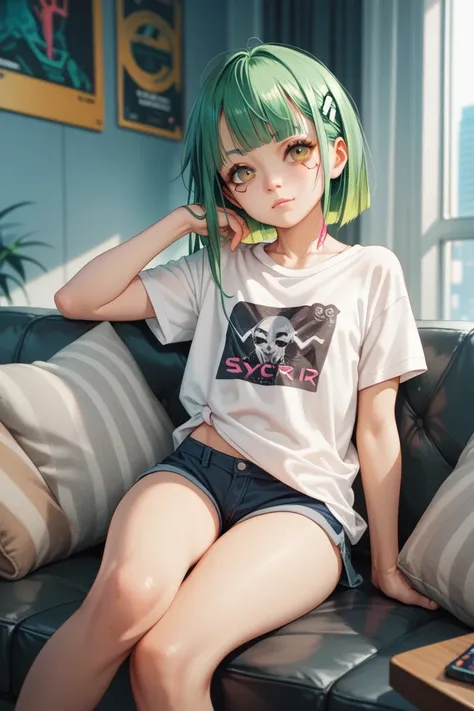 1 loli,  cyberpunk,Green hair with yellow,  brown eyes, rock t-shirt ,  sitting on the couch