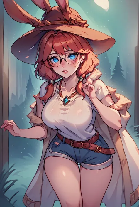 Aurora from league of legends, blue eyes, bunny ears, red hair, freckles, round glasses,wearing a casual outfit, shorts and a cute t-shirt, modern outfit, brown belt, earrings, long eyelashes,  pretty face, witch hat, standing in a park at night, highly de...