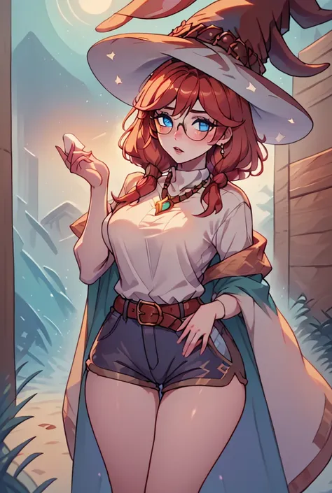 Aurora from league of legends, blue eyes, bunny ears, red hair, freckles, round glasses,wearing a casual outfit, shorts and a cute t-shirt, modern outfit, brown belt, earrings, long eyelashes,  pretty face, witch hat, standing in a park at night, highly de...