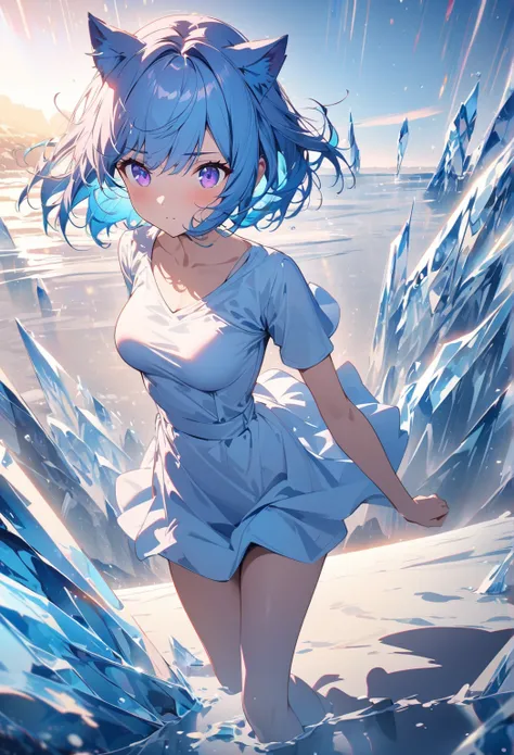 (((( pink and light blue))) (( streak hair)), (Highlight Hair ,) ,((( purple eyes))), cat ears, (( short hair, Bob)), , medium breasts, ice skater at sunset, girl with blue hair and blue eyes, in a short dress and ice skates, gliding on ice,   abstract, co...