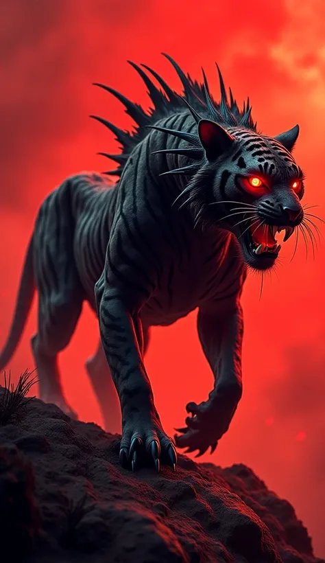 "A terrifying fusion of an ancient sabertooth tiger and a monstrous shadow beast, the Dreadfang Chimera prowls the cursed wilderness under a blood-red sky. Its muscular feline body is covered in sleek, dark fur that flickers with shadowy energy, constantly...